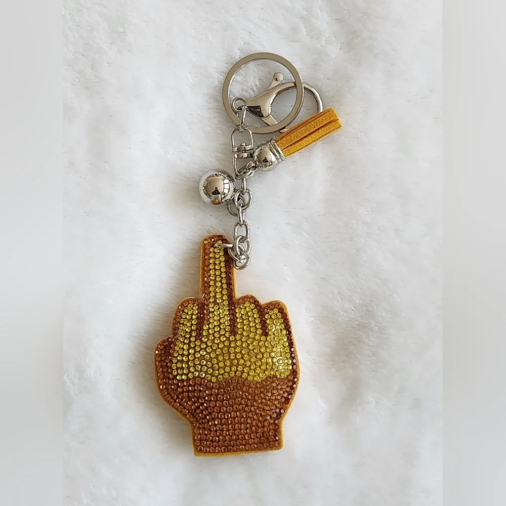 Middle Finger Yellow and Brown Rhinestone Hand Keychain Bag Charm